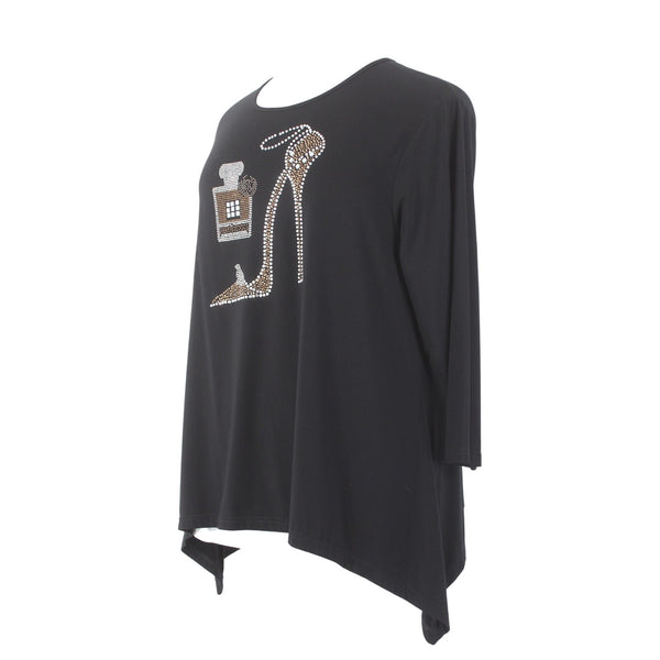 Gardy Top Sz XL Black Heels Perfume Rhinestone Embellished Cotton Top