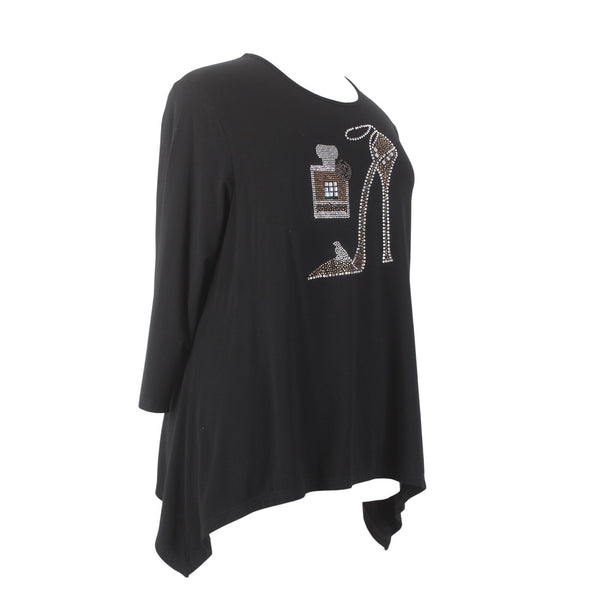Gardy Top Sz XL Black Heels Perfume Rhinestone Embellished Cotton Top