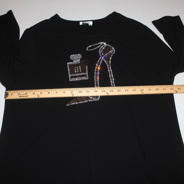 Gardy Top Sz XL Black Heels Perfume Rhinestone Embellished Cotton Top