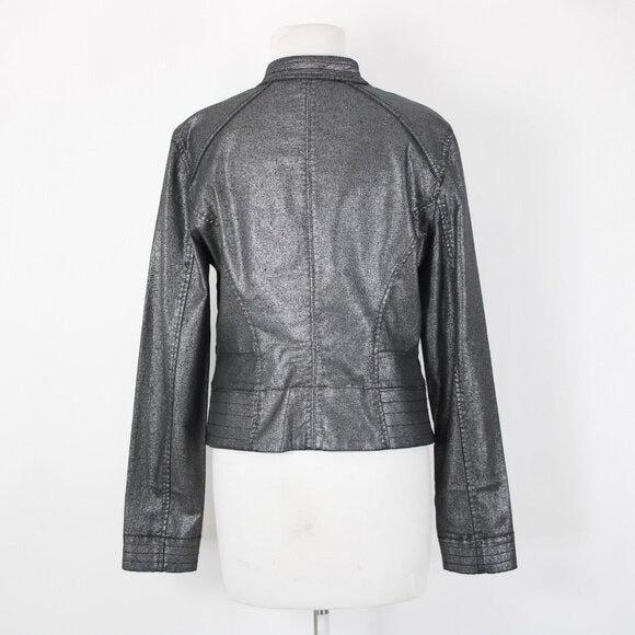 White House Black Market $160 Sz 10 Silver Zipper Cotton Lyocell Moto Jacket