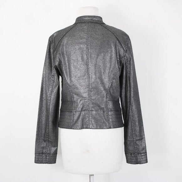 White House Black Market $160 Sz 10 Silver Zipper Cotton Lyocell Moto Jacket
