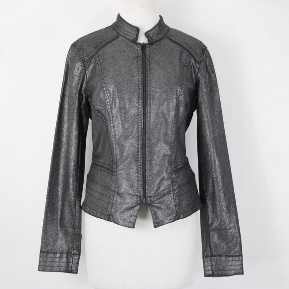 White House Black Market $160 Sz 10 Silver Zipper Cotton Lyocell Moto Jacket