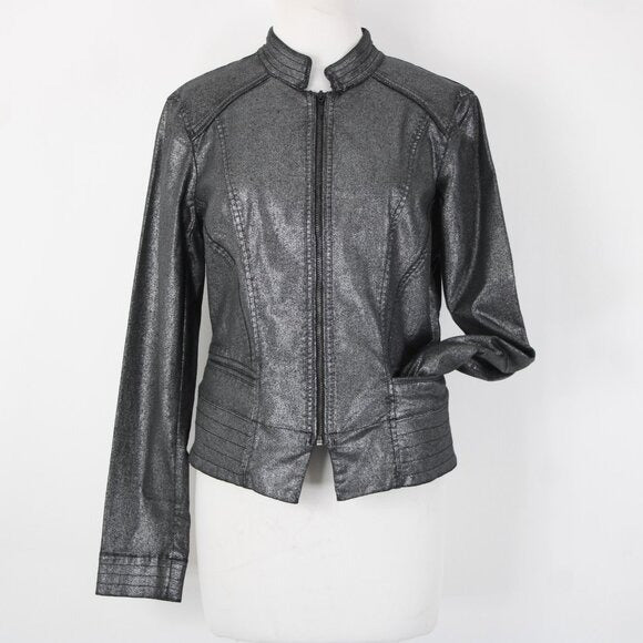 White House Black Market $160 Sz 10 Silver Zipper Cotton Lyocell Moto Jacket