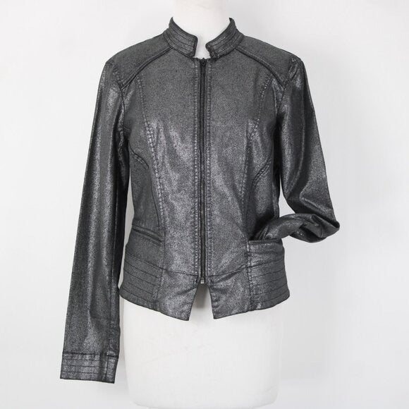 White House Black Market $160 Sz 10 Silver Zipper Cotton Lyocell Moto Jacket