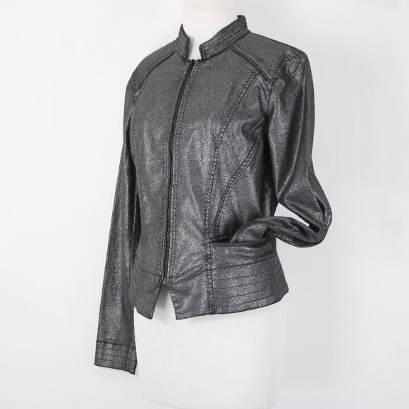 White House Black Market $160 Sz 10 Silver Zipper Cotton Lyocell Moto Jacket