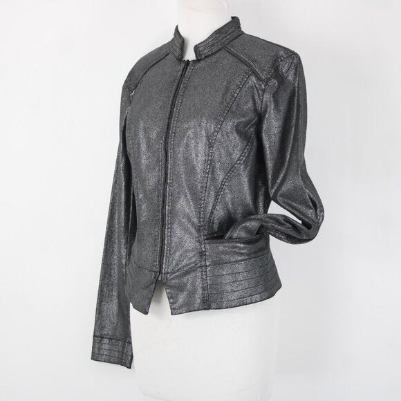 White House Black Market $160 Sz 10 Silver Zipper Cotton Lyocell Moto Jacket