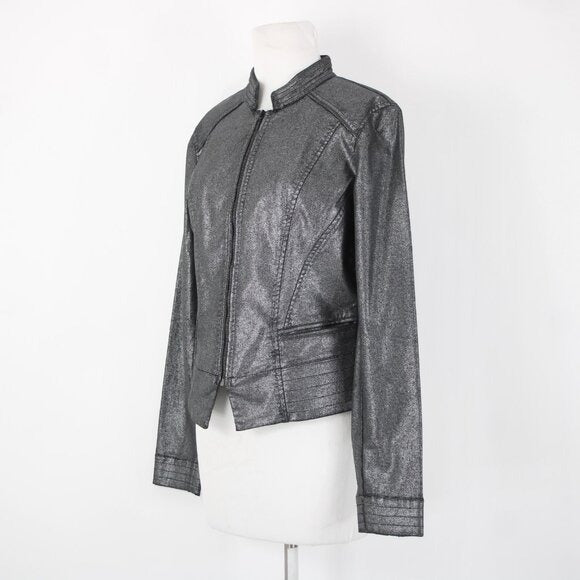 White House Black Market $160 Sz 10 Silver Zipper Cotton Lyocell Moto Jacket