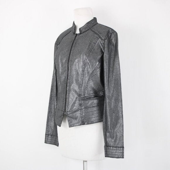 White House Black Market $160 Sz 10 Silver Zipper Cotton Lyocell Moto Jacket