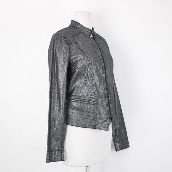 White House Black Market $160 Sz 10 Silver Zipper Cotton Lyocell Moto Jacket