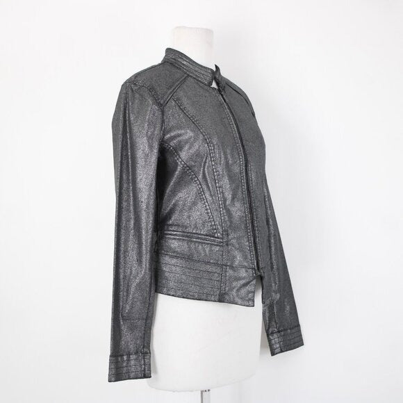 White House Black Market $160 Sz 10 Silver Zipper Cotton Lyocell Moto Jacket