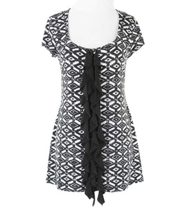 On Carnaby Sz L Black White Gray Verticle Ruffle Detail Poly Blend Top