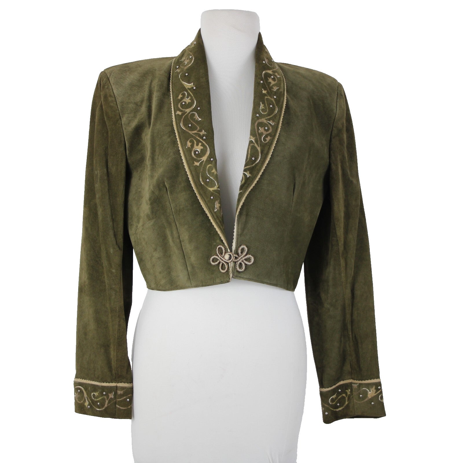 Patricia Wolf Sz S Green Tan Silver Studs Collared Lined Suede Polyester Jacket