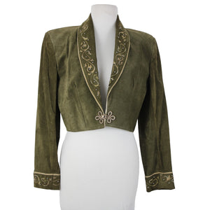 Patricia Wolf Sz S Green Tan Silver Studs Collared Lined Suede Polyester Jacket