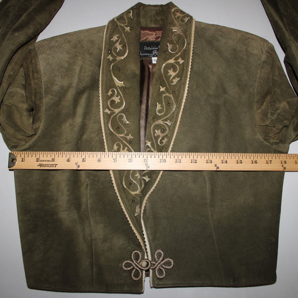 Patricia Wolf Sz S Green Tan Silver Studs Collared Lined Suede Polyester Jacket