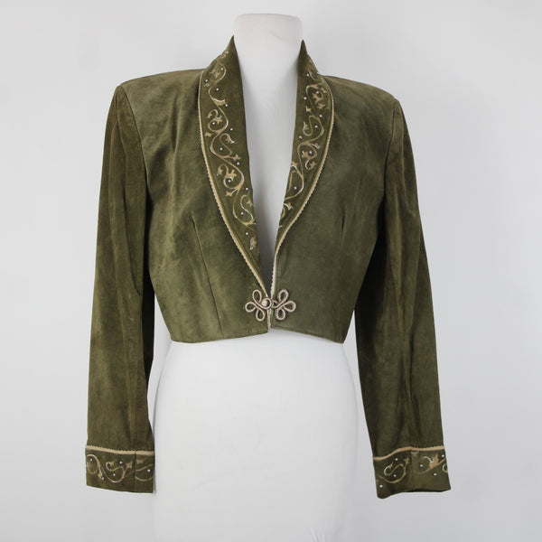 Patricia Wolf Sz S Green Tan Silver Studs Collared Lined Suede Polyester Jacket