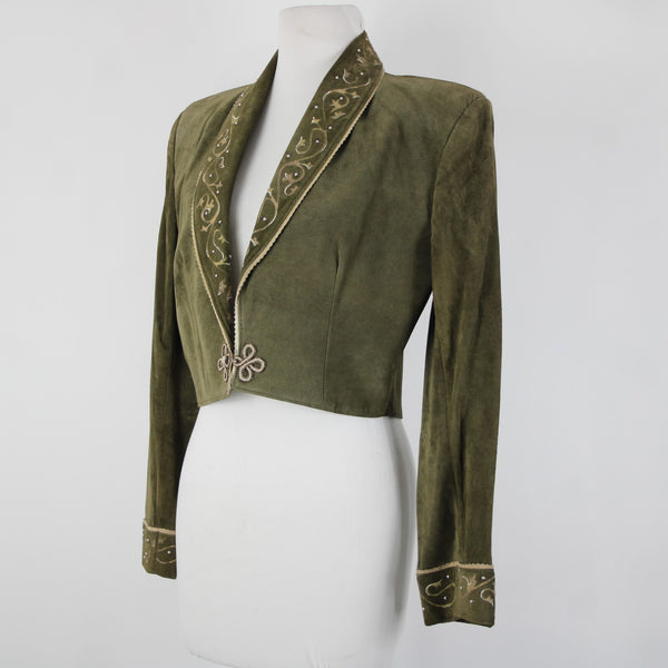 Patricia Wolf Sz S Green Tan Silver Studs Collared Lined Suede Polyester Jacket