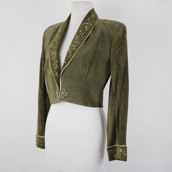 Patricia Wolf Sz S Green Tan Silver Studs Collared Lined Suede Polyester Jacket
