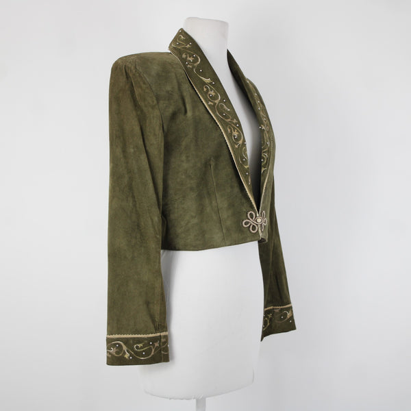 Patricia Wolf Sz S Green Tan Silver Studs Collared Lined Suede Polyester Jacket