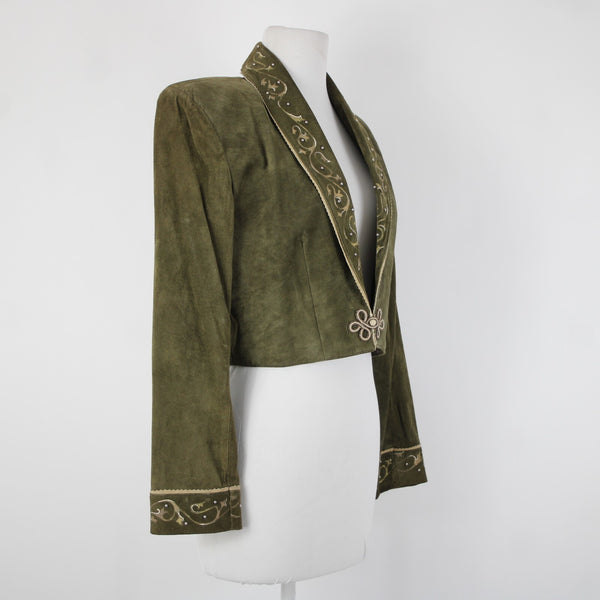 Patricia Wolf Sz S Green Tan Silver Studs Collared Lined Suede Polyester Jacket