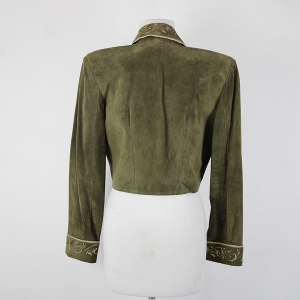 Patricia Wolf Sz S Green Tan Silver Studs Collared Lined Suede Polyester Jacket
