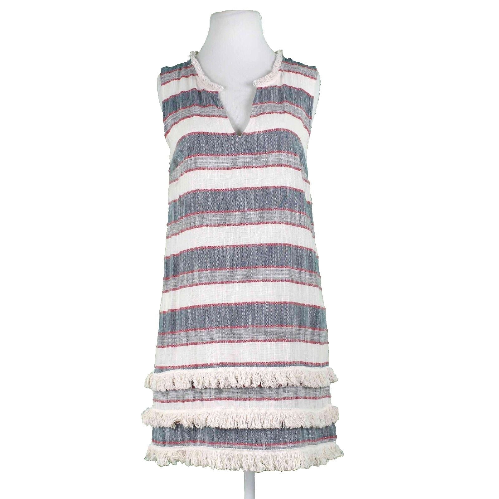 Holding Horses Sz S Ivory Navy Red Blue Lined Fringe Accent Cotton Rayon Dress