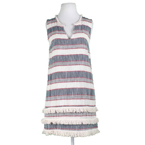 Holding Horses Sz S Ivory Navy Red Blue Lined Fringe Accent Cotton Rayon Dress