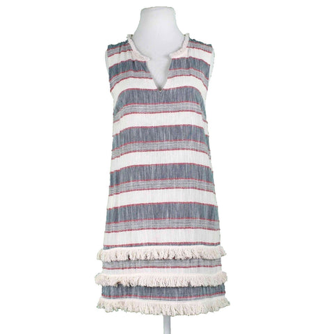 Holding Horses Sz S Ivory Navy Red Blue Lined Fringe Accent Cotton Rayon Dress