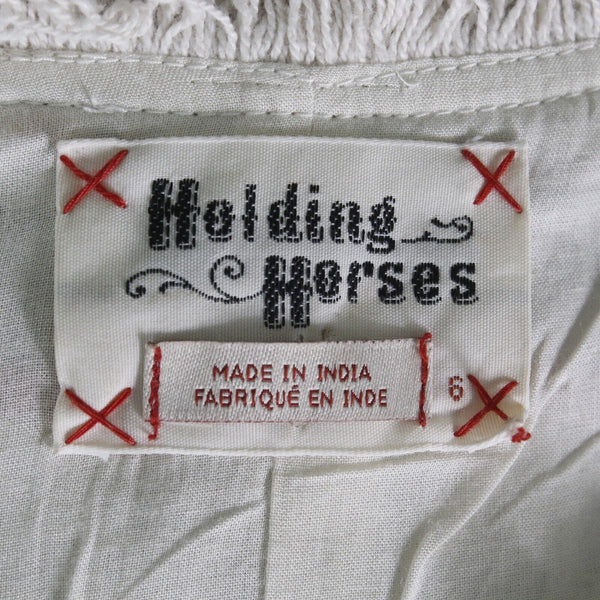 Holding Horses Sz S Ivory Navy Red Blue Lined Fringe Accent Cotton Rayon Dress