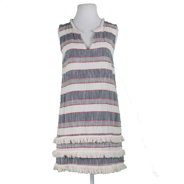 Holding Horses Sz S Ivory Navy Red Blue Lined Fringe Accent Cotton Rayon Dress