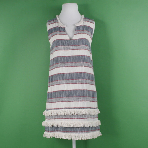 Holding Horses Sz S Ivory Navy Red Blue Lined Fringe Accent Cotton Rayon Dress