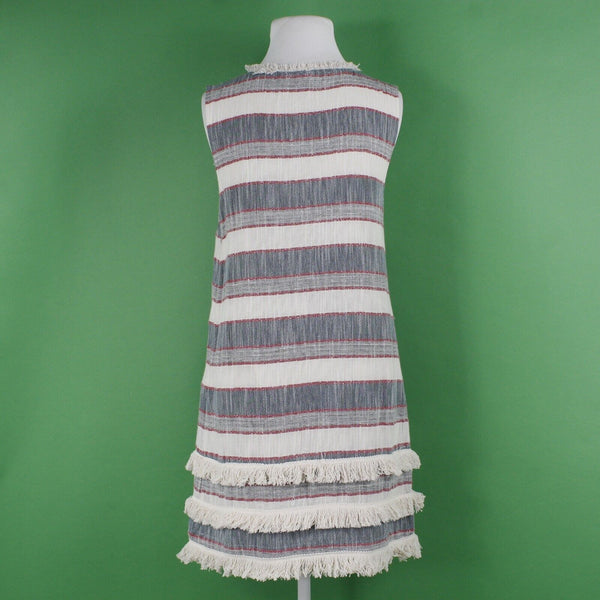 Holding Horses Sz S Ivory Navy Red Blue Lined Fringe Accent Cotton Rayon Dress