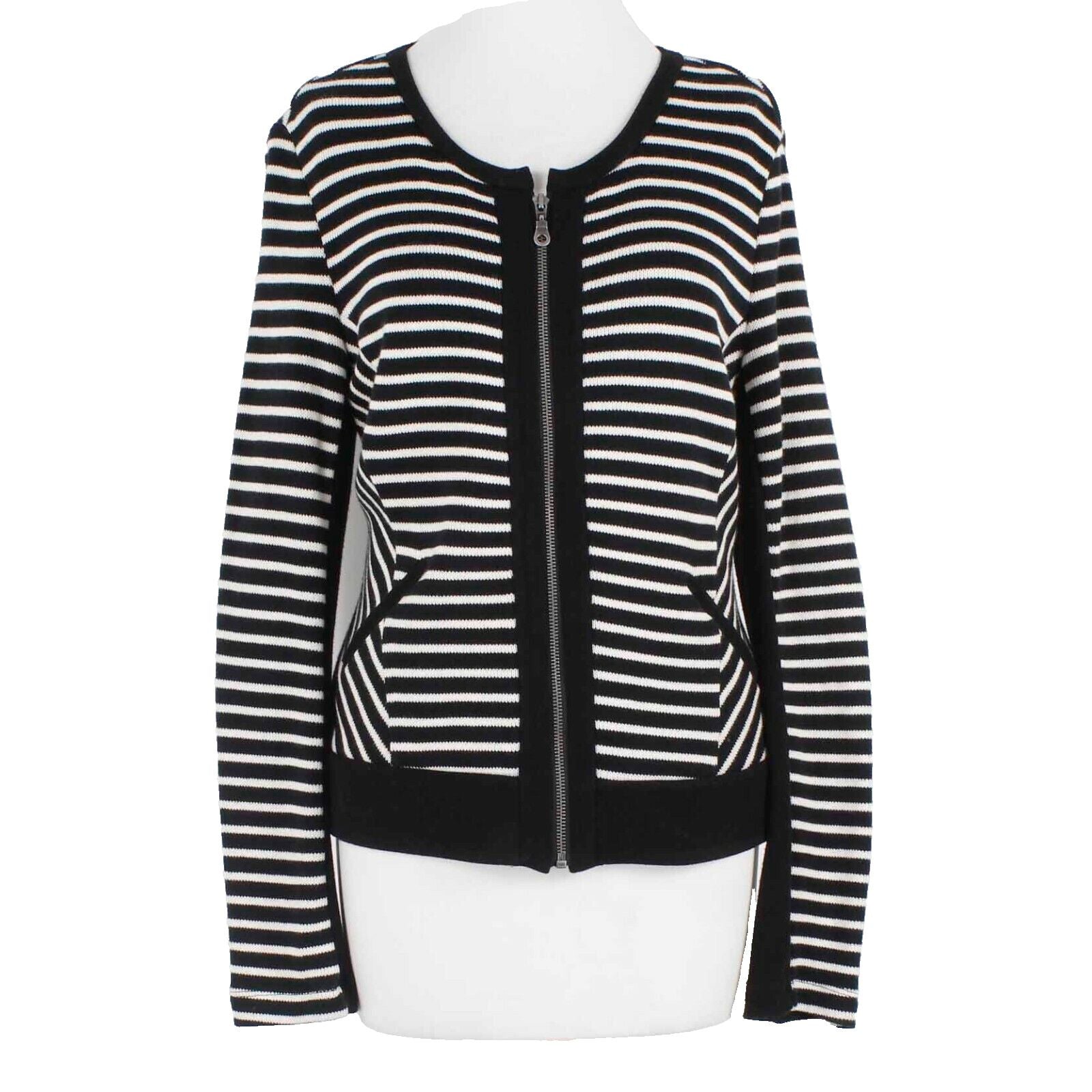 Drew NEW $225 Sz L Black White Stripe Zip Cotton Nylon Cardigan Sweater