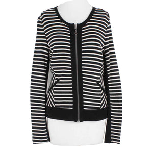 Drew NEW $225 Sz L Black White Stripe Zip Cotton Nylon Cardigan Sweater