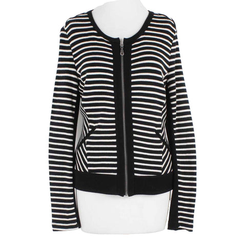 Drew NEW $225 Sz L Black White Stripe Zip Cotton Nylon Cardigan Sweater