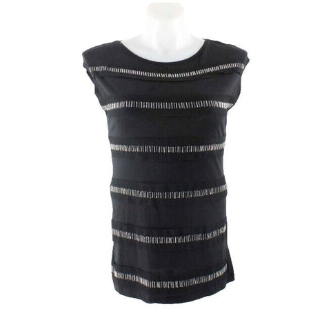 Ann Taylor Sz M Black Silver Bead Detail Pima Cotton Modal Poly Knit Top