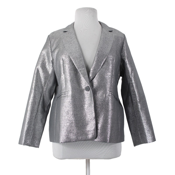 Joan Rivers Blazer Jacket Red Carpet Sz XLP Silver Metallic Pockets Cotton Poly