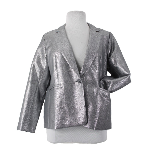 Joan Rivers Blazer Jacket Red Carpet Sz XLP Silver Metallic Pockets Cotton Poly