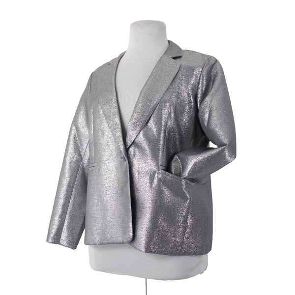 Joan Rivers Blazer Jacket Red Carpet Sz XLP Silver Metallic Pockets Cotton Poly