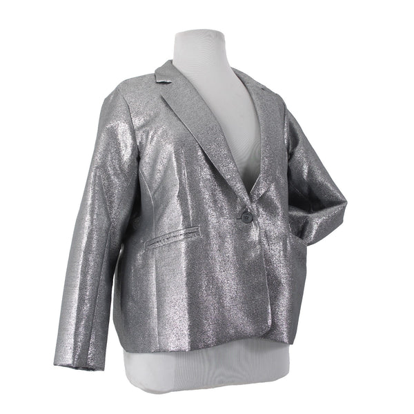 Joan Rivers Blazer Jacket Red Carpet Sz XLP Silver Metallic Pockets Cotton Poly