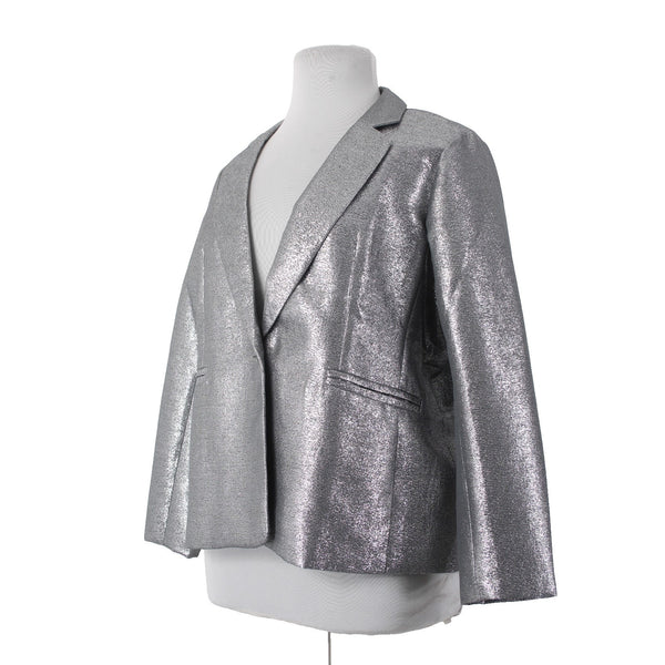 Joan Rivers Blazer Jacket Red Carpet Sz XLP Silver Metallic Pockets Cotton Poly