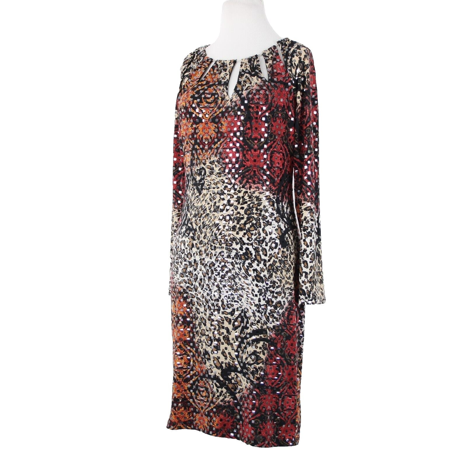 Frank Lyman Sz 8 Black Burgundy Multi Paillette Keyhole Neck Polyester Dress