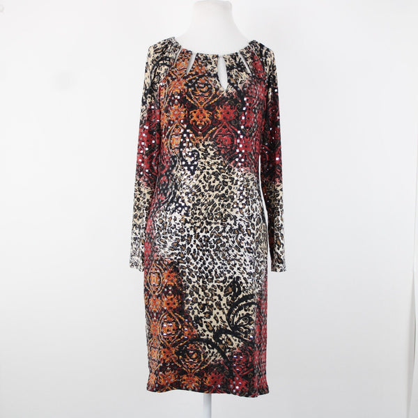 Frank Lyman Sz 8 Black Burgundy Multi Paillette Keyhole Neck Polyester Dress