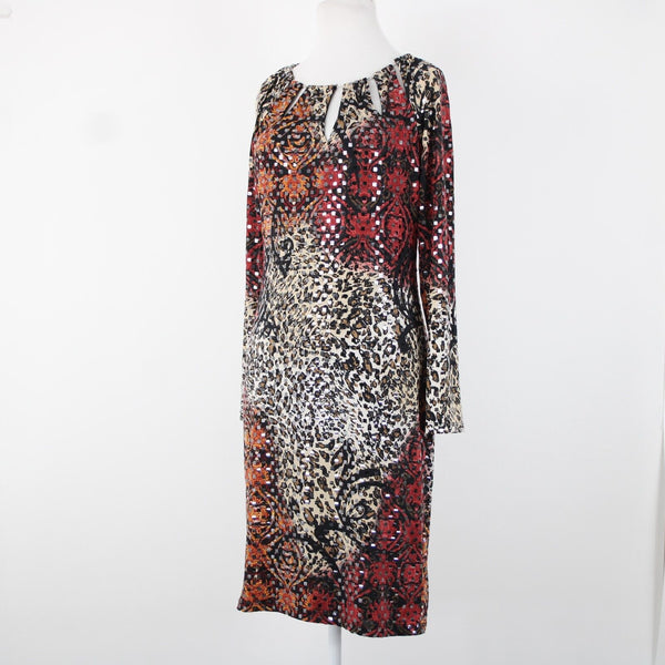 Frank Lyman Sz 8 Black Burgundy Multi Paillette Keyhole Neck Polyester Dress