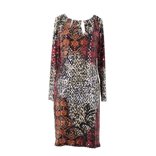 Frank Lyman Sz 8 Black Burgundy Multi Paillette Keyhole Neck Polyester Dress