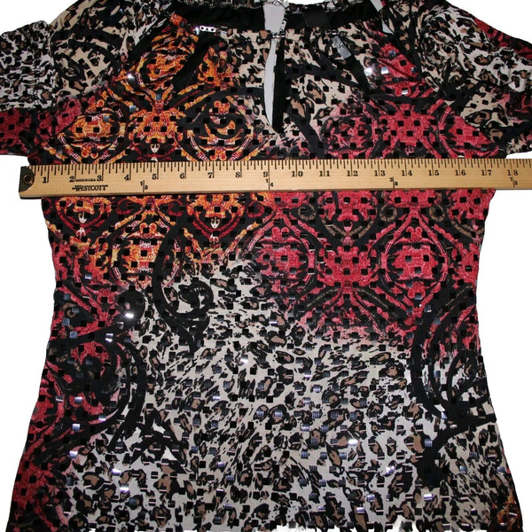 Frank Lyman Sz 8 Black Burgundy Multi Paillette Keyhole Neck Polyester Dress