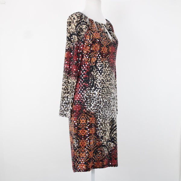 Frank Lyman Sz 8 Black Burgundy Multi Paillette Keyhole Neck Polyester Dress