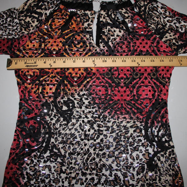 Frank Lyman Sz 8 Black Burgundy Multi Paillette Keyhole Neck Polyester Dress
