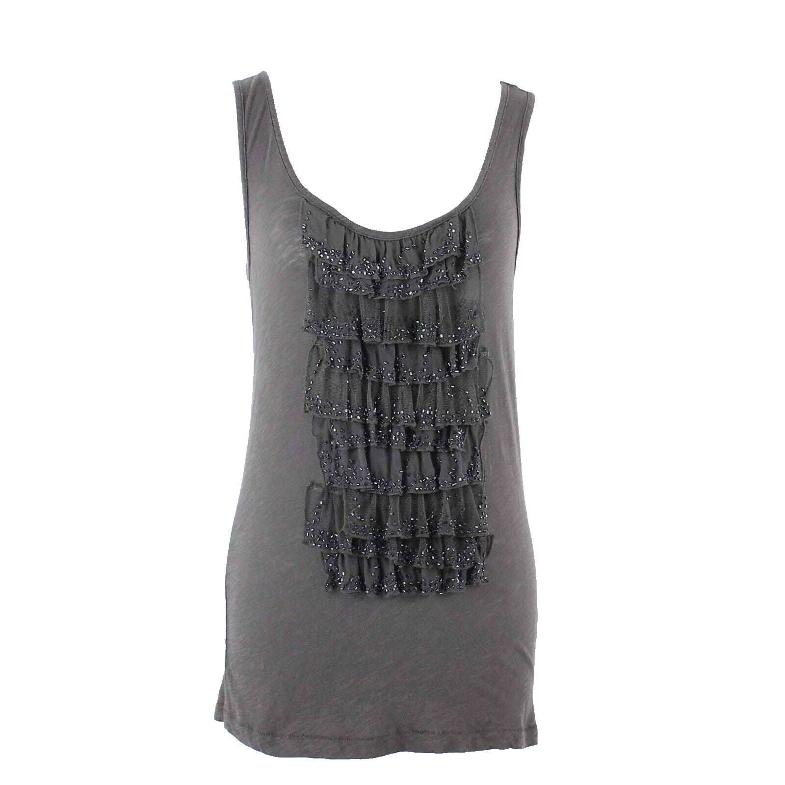 J Crew Sz S Dark Taupe Beaded Ruffle Front Cotton Silk Polyester Top