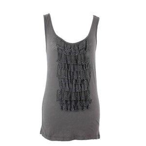 J Crew Sz S Dark Taupe Beaded Ruffle Front Cotton Silk Polyester Top