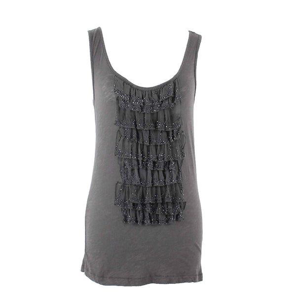 J Crew Sz S Dark Taupe Beaded Ruffle Front Cotton Silk Polyester Top